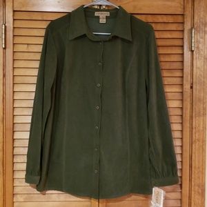 Green, suede look, long sleeve button-up shirt